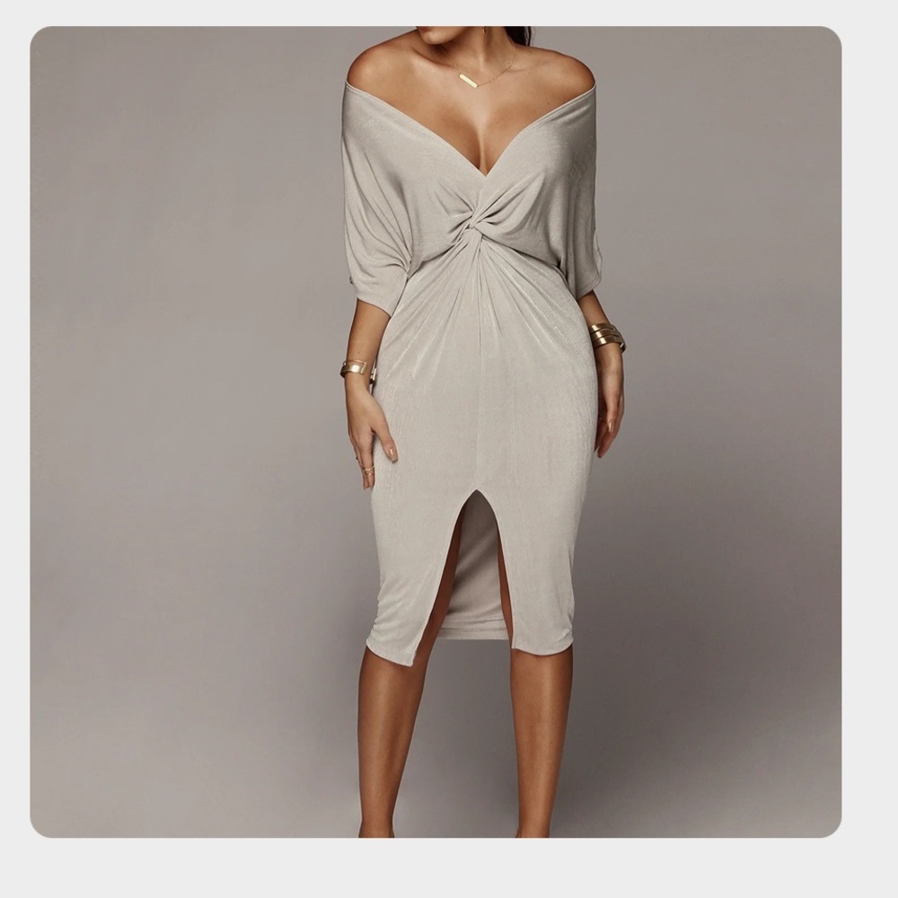 JLUXLABEL Off-Shoulder Twist Midi Dress in Cream
